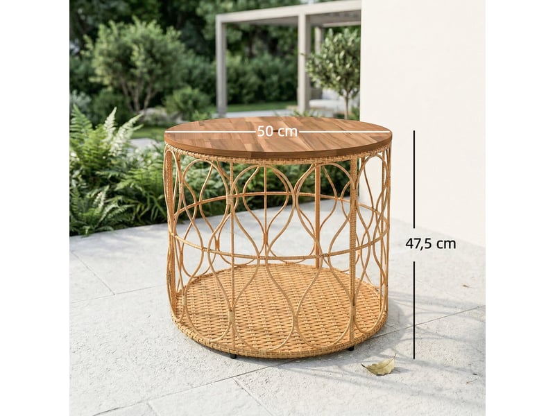  Table d'appoint ø50 cm, table de jardin résistante aux intempéries aspect rotin, plateau en bois d'acacia, pieds réglables, teck  - Conforama E