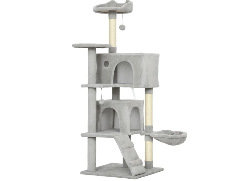  Arbre à griffer 140 cm avec niches, hamac et plateformes gris evryae  - Conforama B