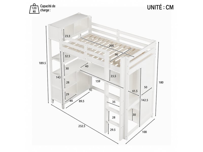  Lit mezzanine en bois, lit simple avec bureau, étagères et armoire, 90x200 cm, sans matelas, blanc et naturel  - Conforama D