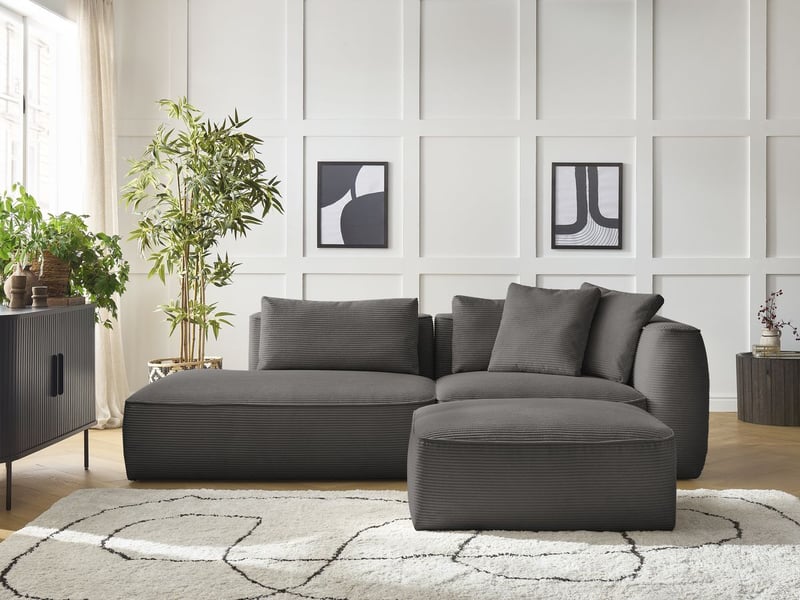  Bobochic canapé droit fixe 3 places leopold velours côtelé avec pouf taupe  accoudoir droit LEOPOLD - Conforama C