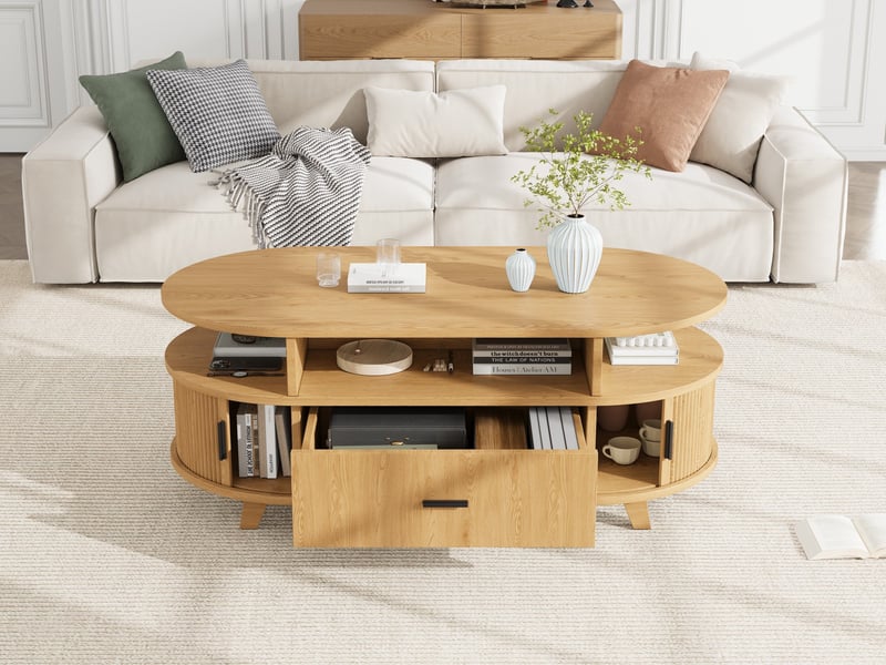  Table basse ovale 100x50x40 cm effet bois naturel, 1 tiroir, 2 portes coulissantes à rideau, 3 niches ouvertes, rangement, mdf  - Conforama B