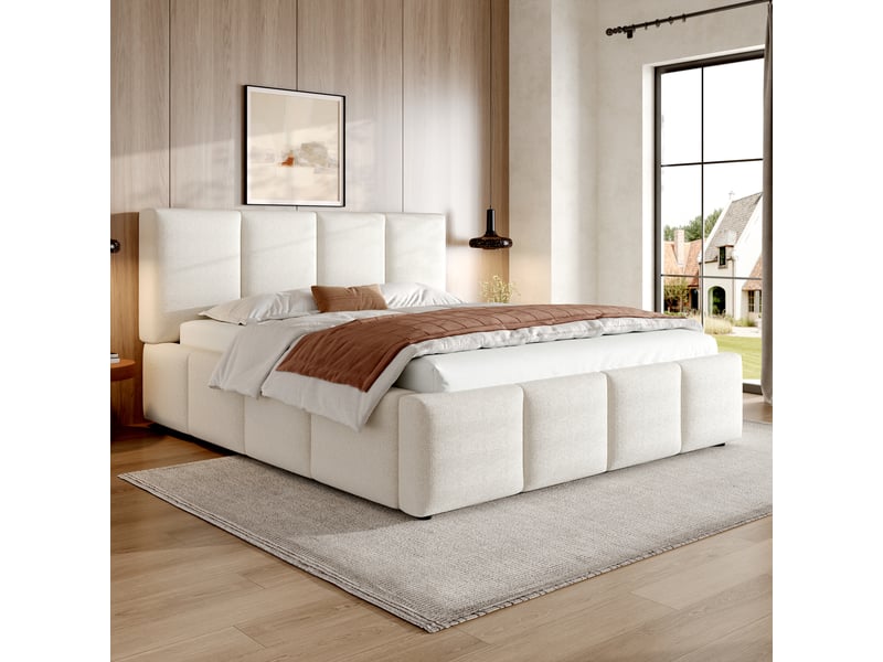Lit double rembourré 160 x 200 cm avec sommier à lattes et tête de lit rembourrée, tissu bouclé beige Fay Lum - Conforama D