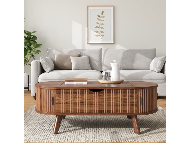  Table basse ovale relevable, plateau réglable en hauteur, grand rangement caché, 2 portes coulissantes, effet bois rainuré ABC - Conforama E