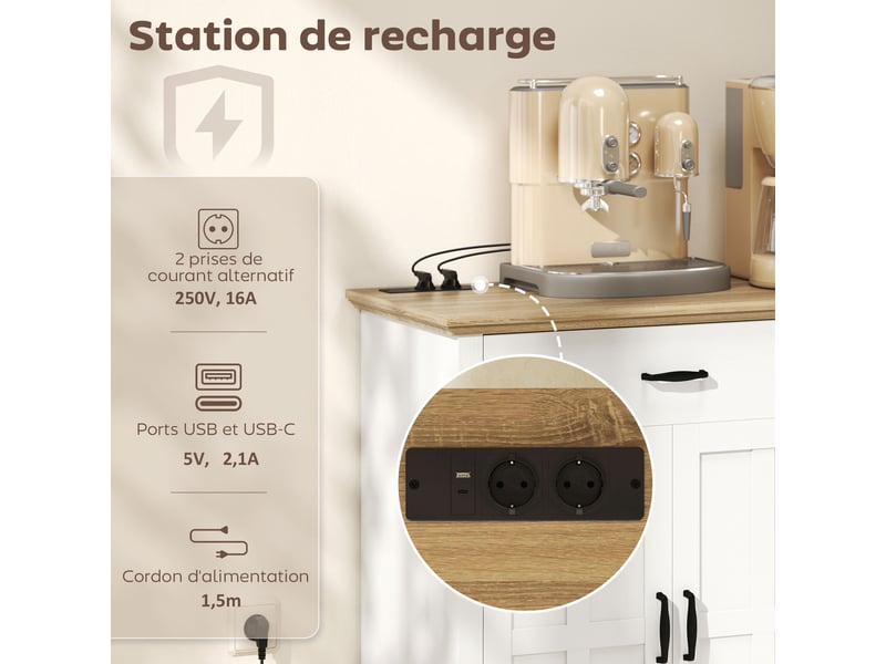  Buffet 2 portes de grange 2 tiroirs avec prises et usb blanc et chêne 140x40x91,5 cm  - Conforama D
