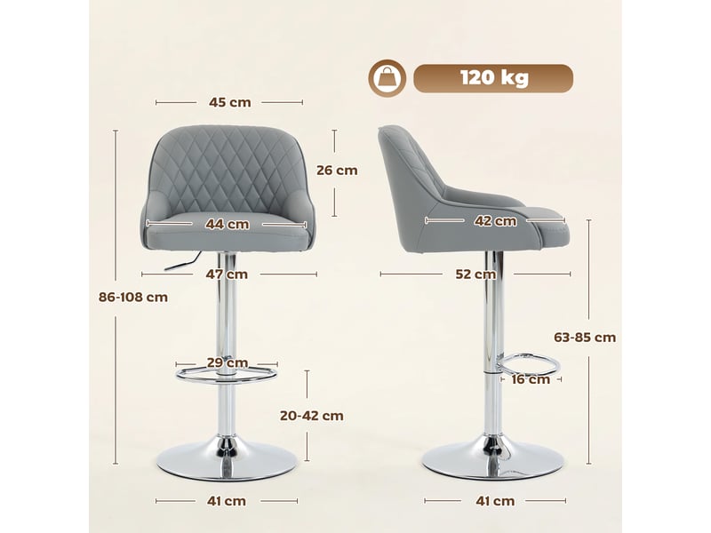  Ensemble de 2 tabourets de bar pivotants et réglables en hauteur avec dossier, similicuir, gris clair  - Conforama E