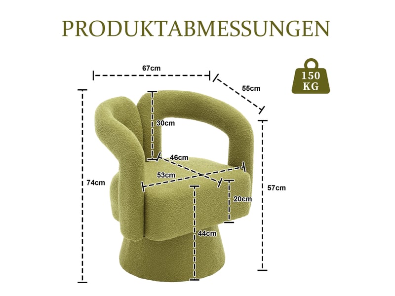 Fauteuil d’appoint pivotant 360° en tissu bouclette vert olive, style design pour salon et bureau - Conforama C