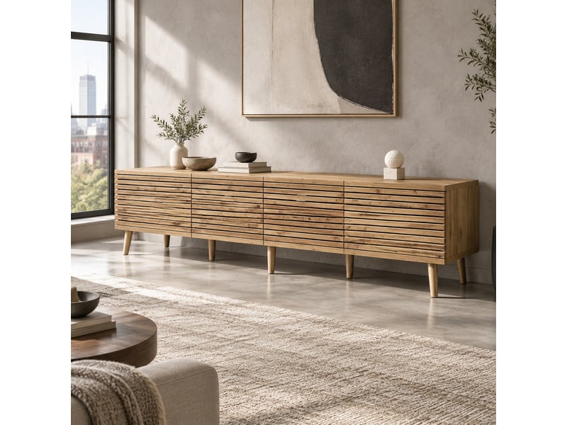  Meuble tv 180x40x46 cm pour téléviseur jusqu'à 75 pouces, 4 portes, bois clair  - Conforama B