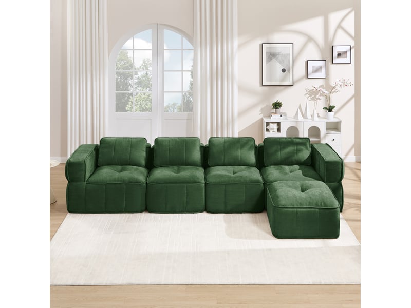  Canapé modulaire d'angle 4 places sans cadre avec pouf, assise profonde en mousse 32d, tissu polyester vert  - Conforama D