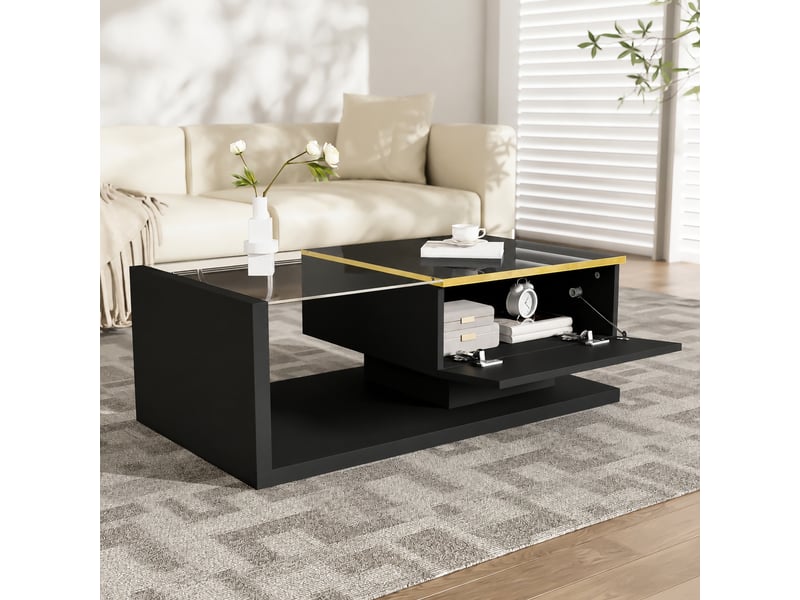  Table basse noire brillante avec rangement, plateau en verre trempé et led, 90 x 50 x 32,5 cm  - Conforama E