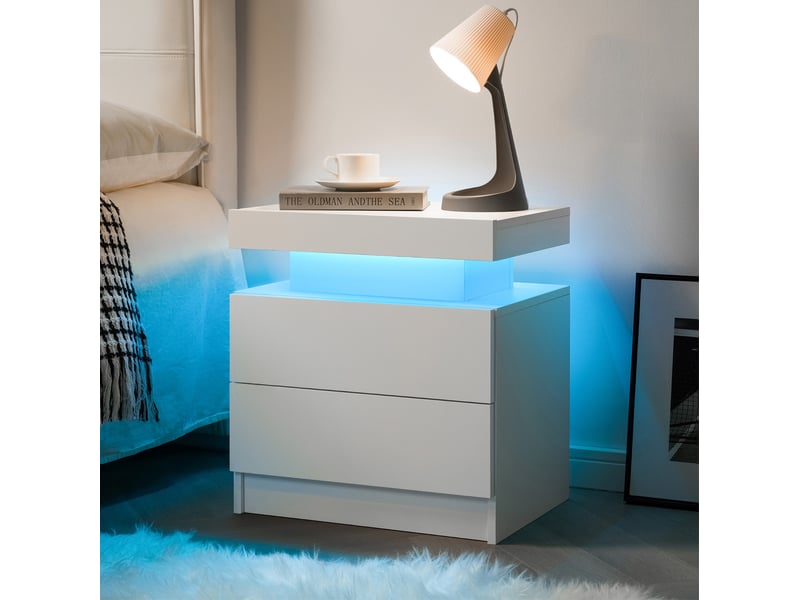  Table de chevet led moderne blanche avec 2 tiroirs – 50 x 53 x 36 cm  - Conforama C