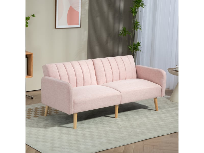 Canapé convertible 2 places design scandinave dossier inclinable 3 positions pieds bois tissu aspect lin rose - Conforama A