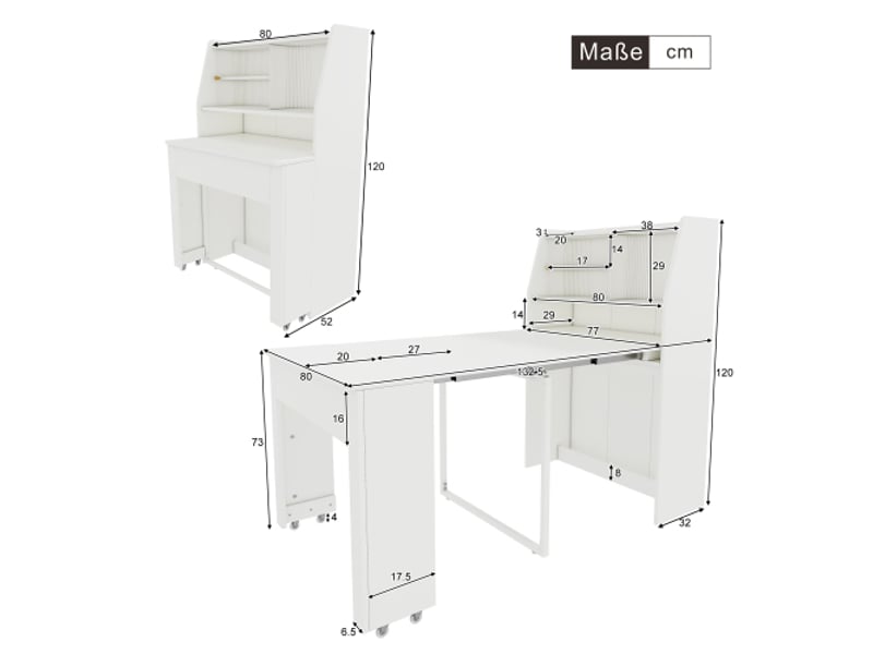  Table à manger extensible,table à manger rectangle avec étagère,compartiment de rangement anti-poussière,espace de travail et 3 panneaux amovibles,52132,5x80x76,blanc table blanc - Conforama C