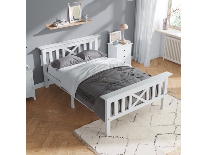  Lit simple 90 × 200 cm avec rangement sous lit, tête de lit en x, sans matelas, en bois massif, blanc  - Conforama B