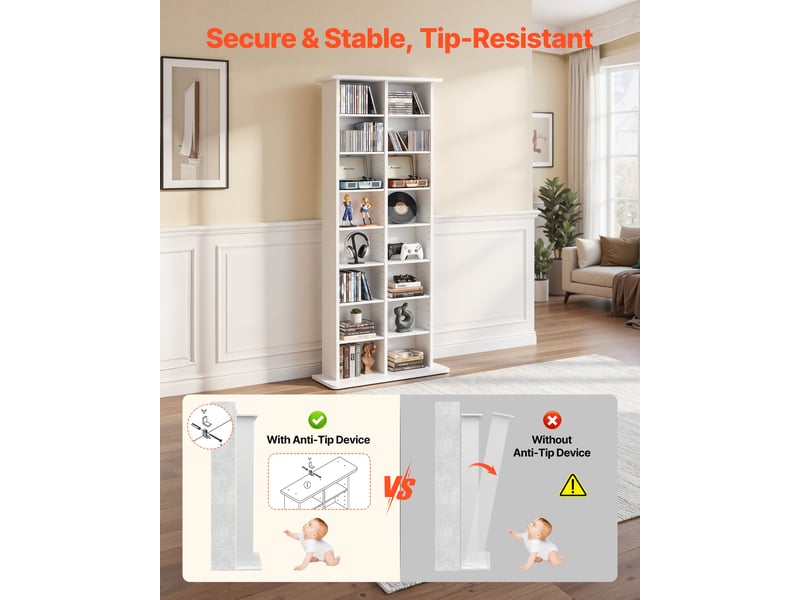 Vevor bibliotheque etagere, meuble de rangement multimedia a 8 niveaux, 559x222x1295 mm, armoire biblio pour cd, dvd, livres, jeux, collections, etageres reglables pour bureau, chambre, salon, blanc - Conforama D