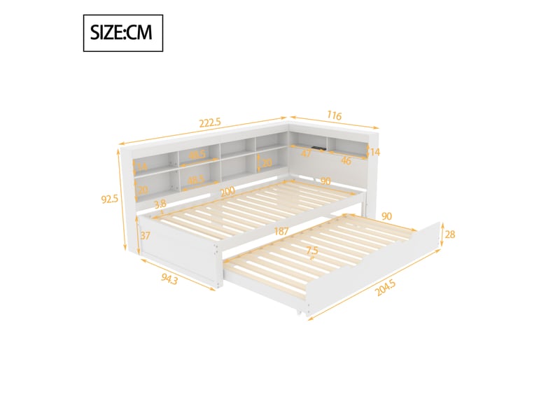  Lit gigogne 90x200 + 90x190 cm avec rangements et port usb, pin blanc, sans matelas  - Conforama C