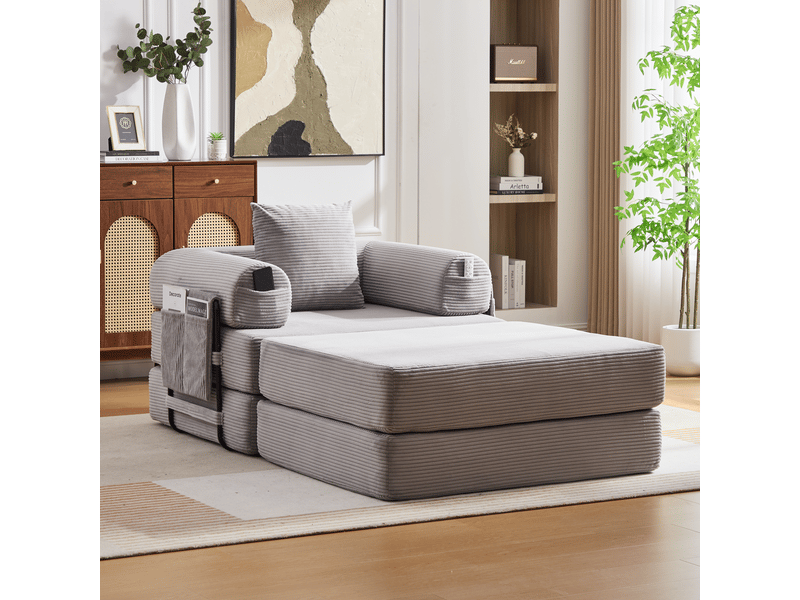  Fauteuil modulable 1 place avec pouf en velours côtelé gris clair - 112 x 190 x 67 cm  - Conforama D