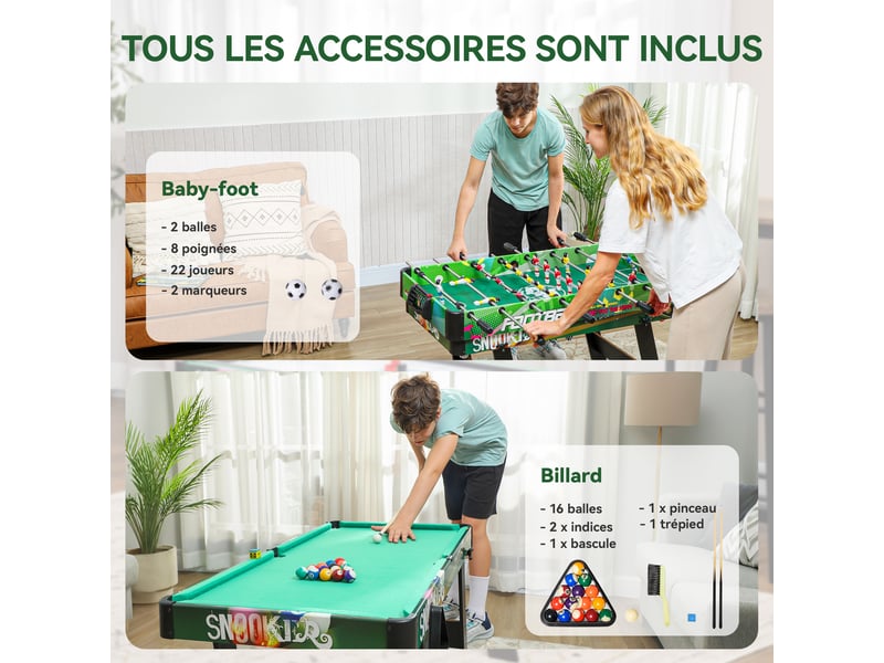 Table multi-jeux 6-en-1, baby-foot, billard, ping-pong, hockey, jeu d'anneaux, 118x104x71cm, multicolore  - Conforama R
