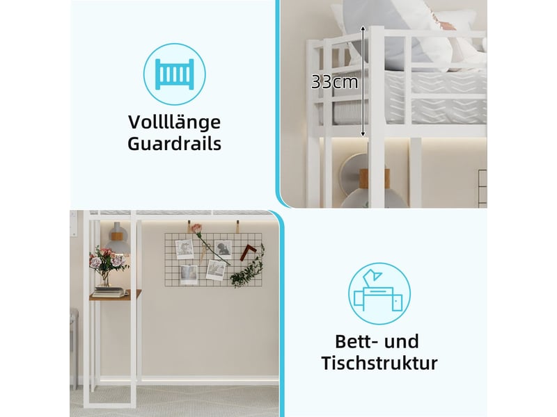  Lit mezzanine 90x190cm - avec bureau en l et étagères, échelles bilatérales - lit 1 place - place pour enfant et ado - blanc  - Conforama D