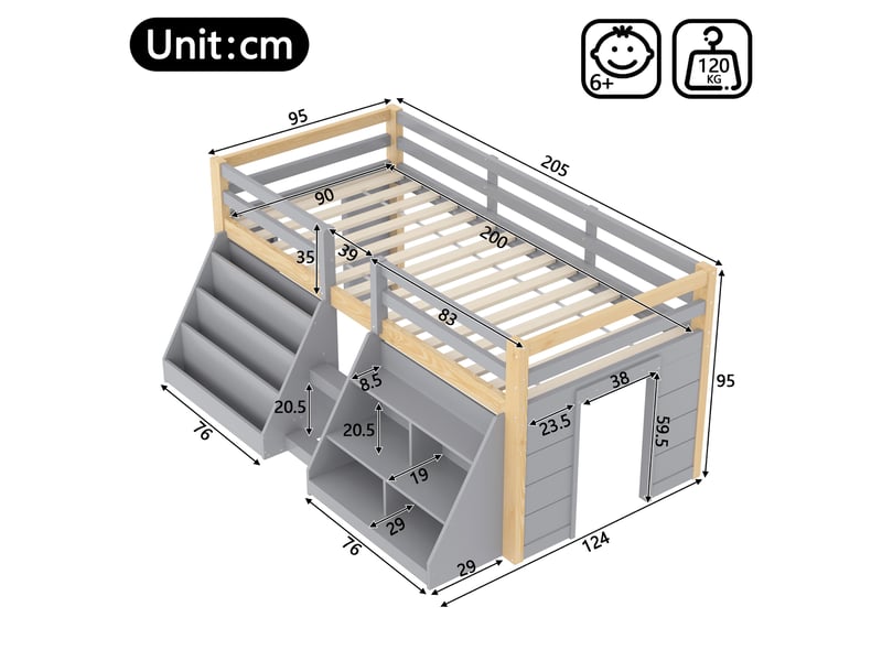  Lit mezzanine enfant 90x200cm en pin avec compartiments ouverts et led,lit superposé simple avec échelle et barrières de sécurité,sans matelas-gris et naturel  - Conforama C
