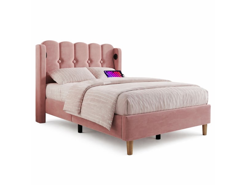  Lit simple en velours rose, lit 1 place avec ports usb et type-c, couchage 200x90 cm, sans matelas  - Conforama A