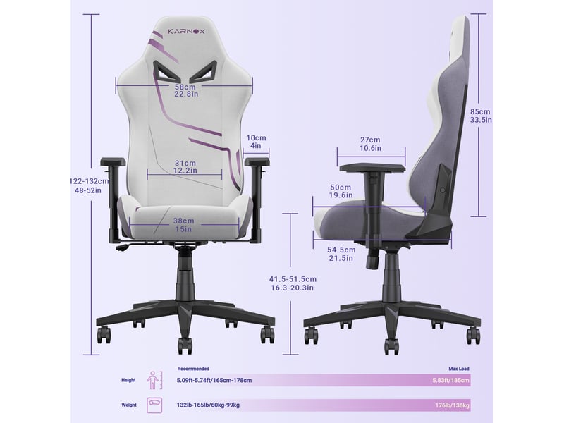  Chaise de jeu ergonomique 54,5x50x132 cm blanche et violette  - Conforama D