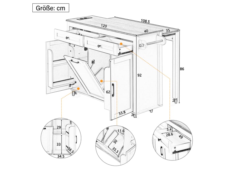  Îlot de cuisine sur roulettes 120 x 40–75 x 92 cm, plan extensible 40-75 cm, station de charge intégrée, mdf, noir  - Conforama C