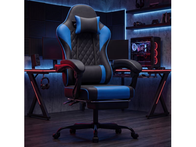 Fauteuil gaming de bureau noir et bleu, inclinable avec repose-pieds rétractable  - Conforama B