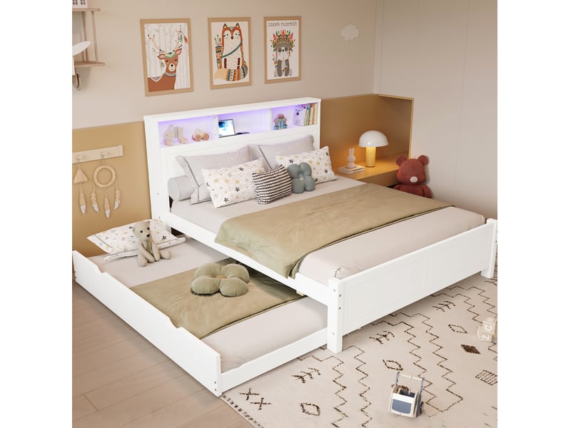  Lit gigogne 120x200 cm avec couchage 90x190 cm, éclairage led et rangements, blanc  - Conforama B