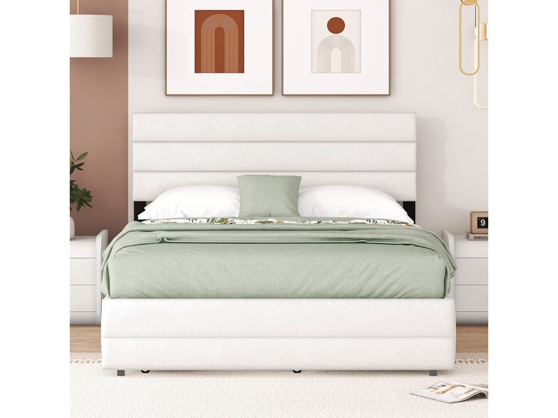  Lit gigogne 140 × 200 cm et 90 × 190 cm 2 places avec 2 tiroirs, sans matelas, en tissu de lin, beige  - Conforama E