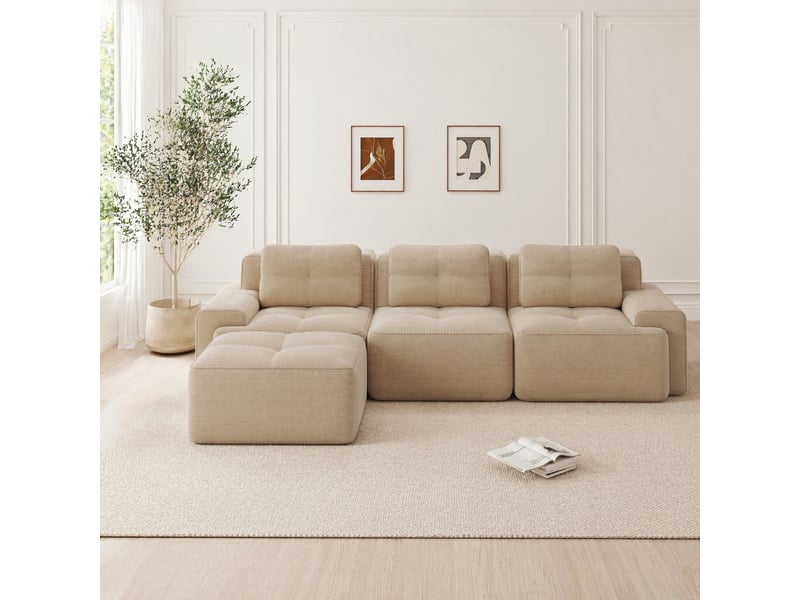  Canapé d'angle modulable 3 places avec ottoman en velours côtelé beige  - Conforama C