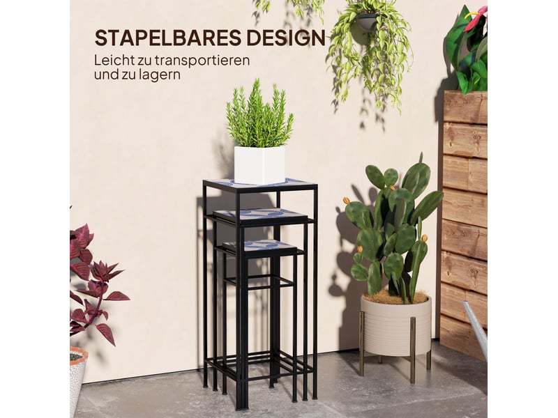 Lot de 3 porte-plantes en métal 28x28x71 cm – bleu et blanc – empilables, plateaux à motif mosaïque - Conforama D
