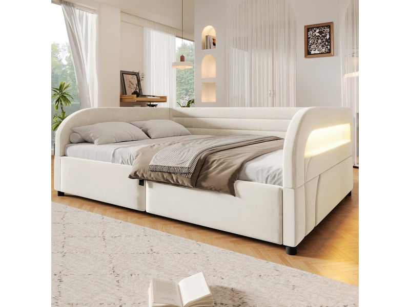  Lit coffre banquette 140 × 200 cm, rangement hydraulique, led rgb, côtés rembourrés, sommier à lattes, flanelle beige  - Conforama D
