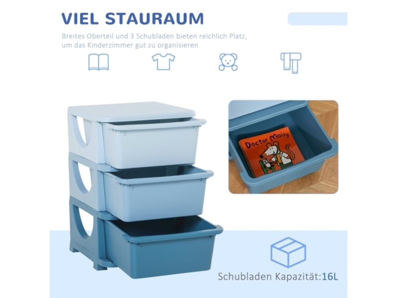  Boîte de rangement enfant bleue, 3 tiroirs, bords arrondis, design surélevé, 37x37x56,5 cm  - Conforama D