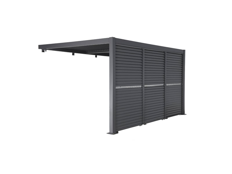  Pergola bioclimatique aluminium adossée 4x3m anthracite + 3 persiennes 130cm lames orientables palace  - Conforama C
