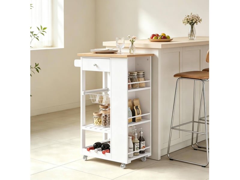 Desserte de cuisine 56,5 x 37 x 87 cm blanche et bambou, 4 roulettes avec freins et rangements - Conforama E