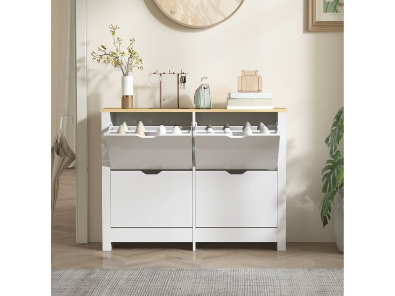  Meuble à chaussures avec 4 tiroirs basculants, rangement pour 16 paires, pour entrée, blanc, 105 × 26 × 80 cm  - Conforama C