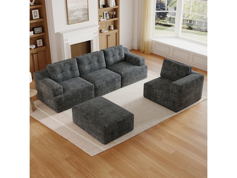Canapé d'angle, canapé modulable, gris, sans montage, en chenille, sans cadre - Conforama E