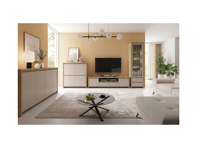  Buffet bas meuble de rangement 4 portes coloris chêne mauvellacachemire - longueur 182 x profondeur 40 x hauteur 94 cm  - Conforama B