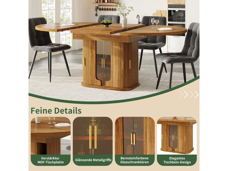  118-158 noyer table à manger extensible avec rangement, design moderne, structure fonctionnelle pour cuisine et salle à manger  - Conforama C