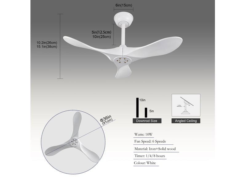 Ventilateur de plafond 90 cm blanc en bois, 3 pales, sans éclairage avec télécommande 6 vitesses réversibles  - Conforama C