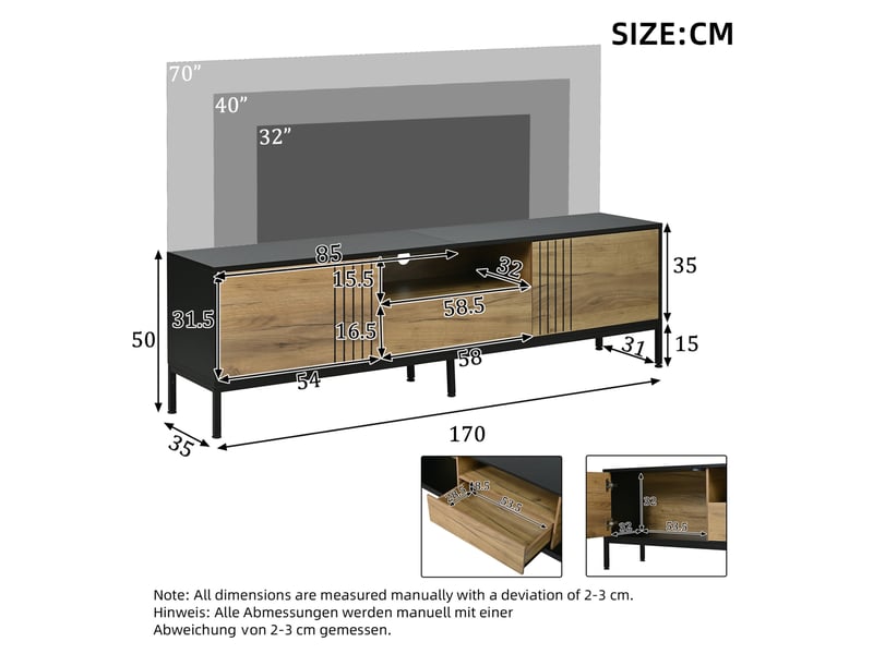  Meuble tv tcqpz 170 x 35 x 50 cm pour tv jusqu'à 70 pouces en panneau de particules chêne et noir avec 2 portes 1 tiroir  - Conforama C