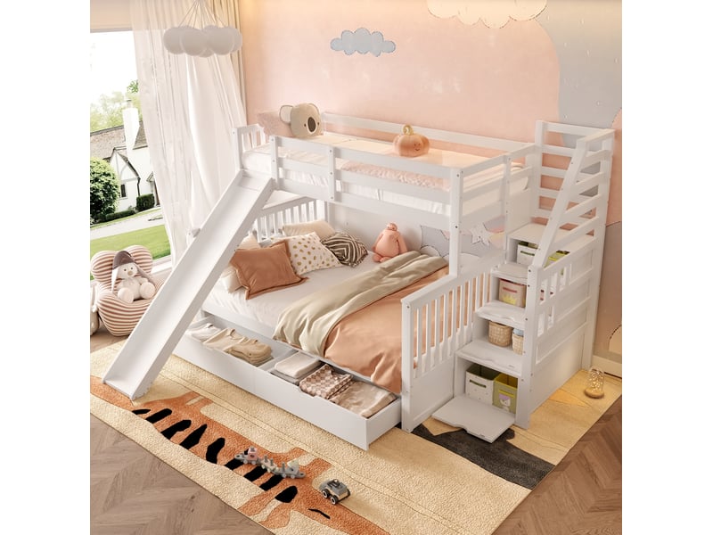  Lit superposé 90 x 200 cm et 140 x 200 cm avec tiroirs, rangements et toboggan blanc antique  - Conforama B