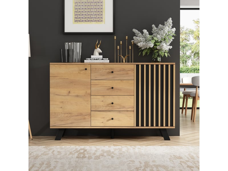  Buffet de salon, avec 2 portes, 4 tiroirs et 5 niveaux, pour salon, mdf et pieds en bois, 120 × 38 × 75 cm  - Conforama D