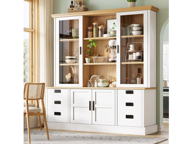  Buffet de cuisine haut avec étagères 4 portes 6 tiroirs portes vitrées anti-basculement pour cuisine 140 × 40 × 185 cm  - Conforama C