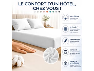 Drap housse 100% percale de coton 80 filscm² - grand bonnet 30 cm – fabrication européenne – doux, résistant – oeko-tex®