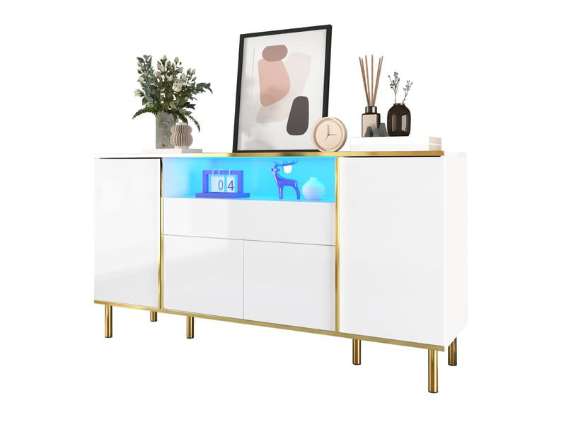 Buffet avec 4 portes, 1 tiroir et led pour salon en mdf et panneaux de particules 150×40×80 cm blanc brillant - Conforama A