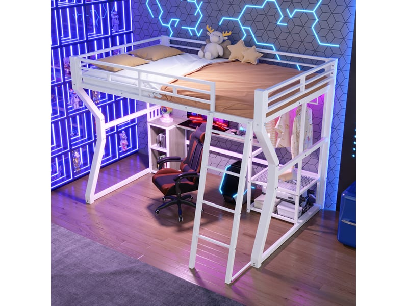 Lit mezzanine 140x200 cm avec bureau, rangements et bande lumineuse blanc - Conforama B