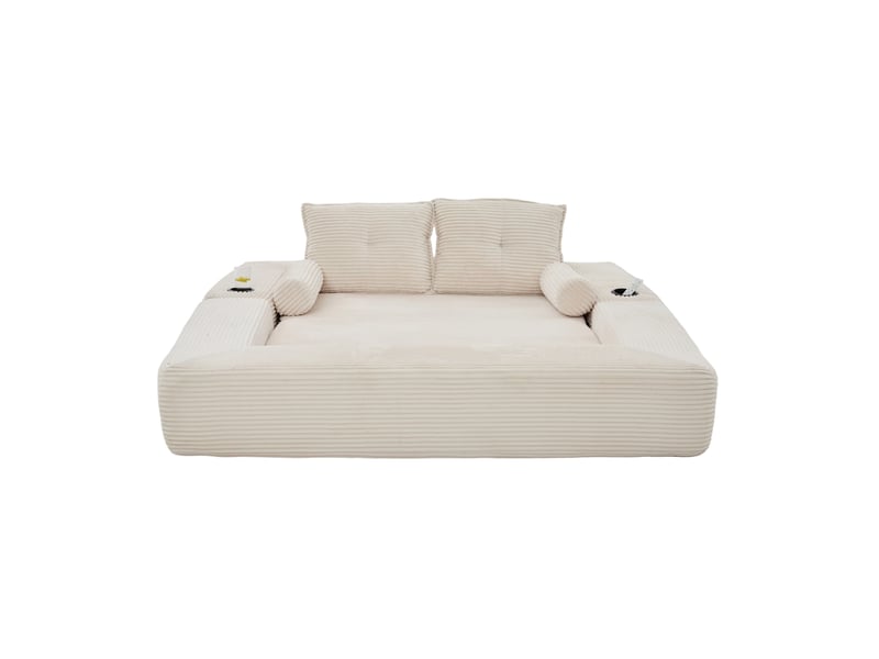 Canapé droit convertible 2 places en velours côtelé beige, avec poches latérales et porte-gobelets intégrés - Conforama A