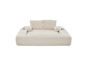 Canapé droit convertible 2 places en velours côtelé beige, avec poches latérales et porte-gobelets intégrés