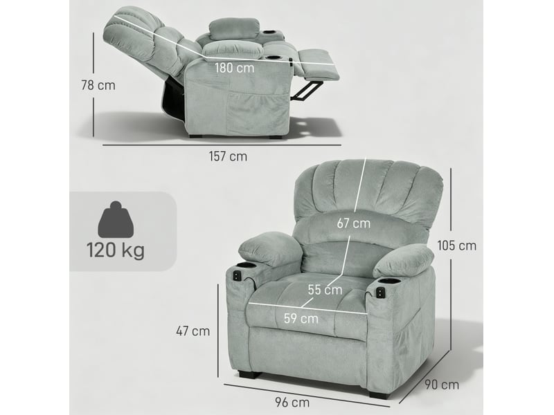 Fauteuil relax électrique inclinable avec repose-pieds, usb, deux positions mémorisées, porte-gobelets en polyester gris  - Conforama C
